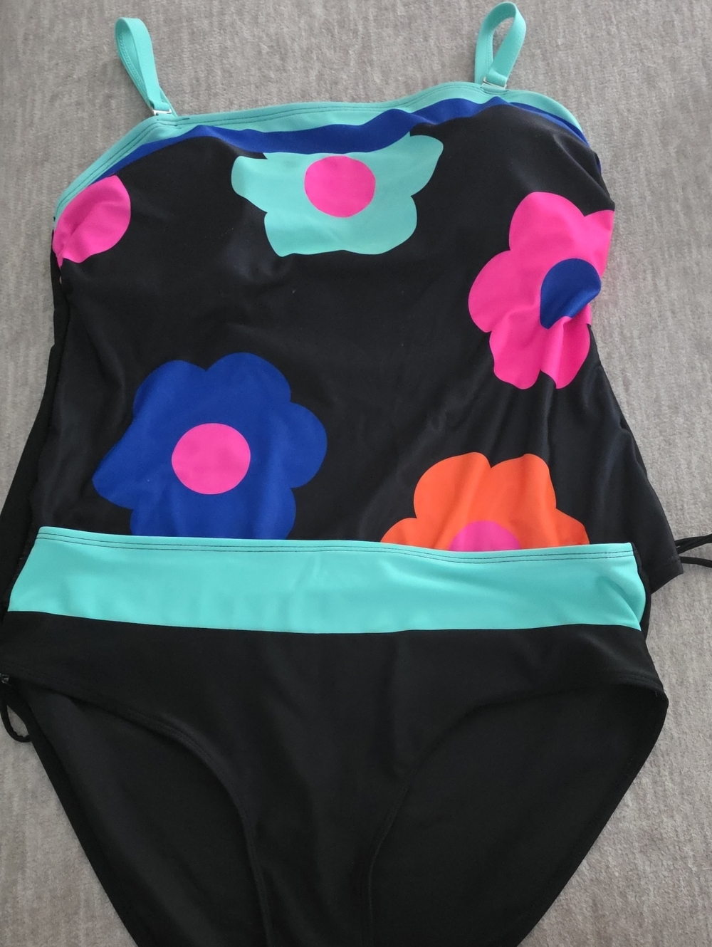 Black Floral Tankini with Aqua Trim